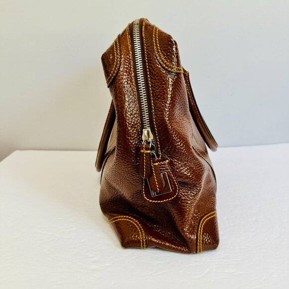 AUTHENTIC FENDI PEBBLED PATENT LEATHER BROWN LARGE SATCHEL  TOTE - Picture 6 of 14